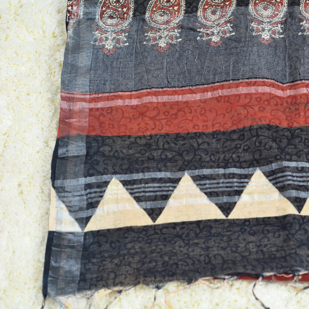 BAGRU BLOCK PRINT LINEN COTTON SAREE