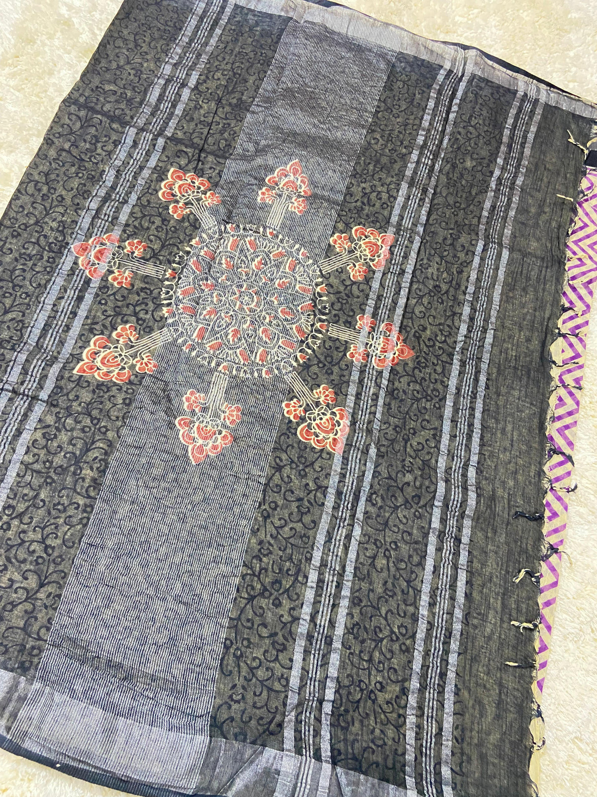 BAGRU BLOCK PRINT LINEN COTTON SAREE