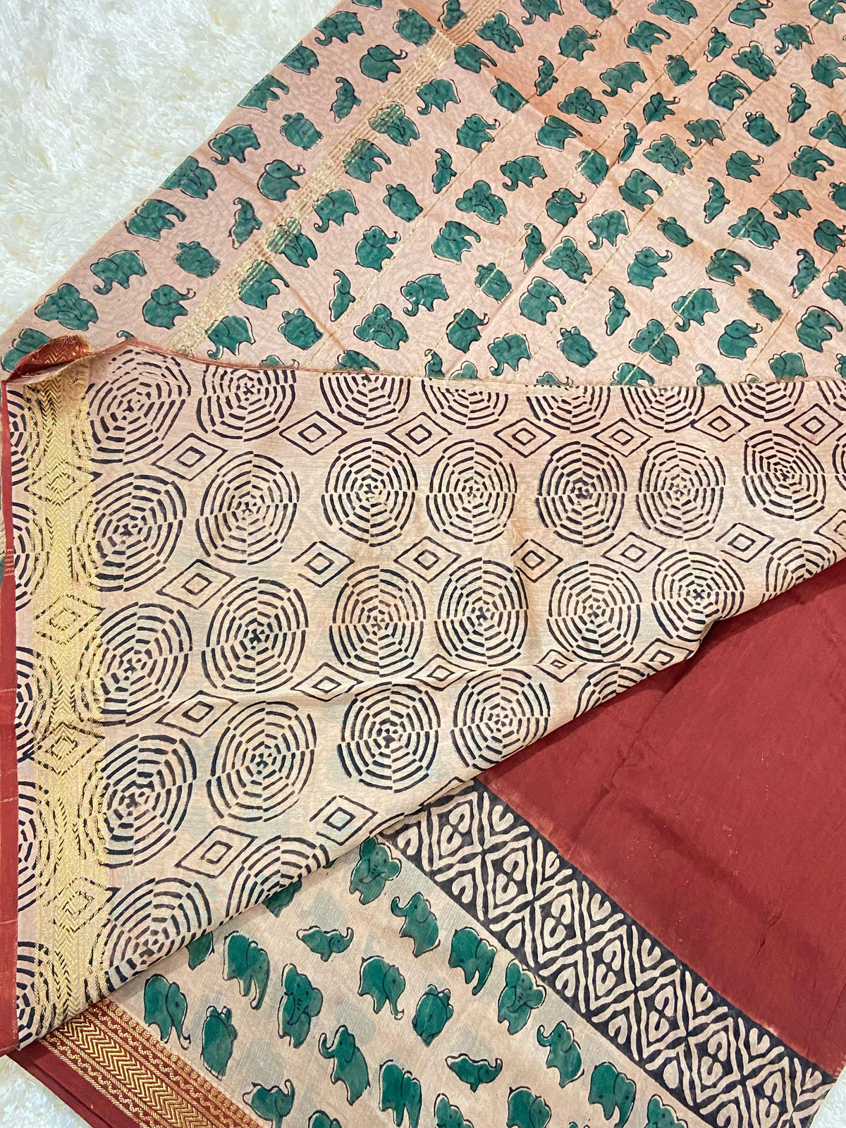 BAGRU HAND BLOCK MAHESHWARI SILK SAREE
